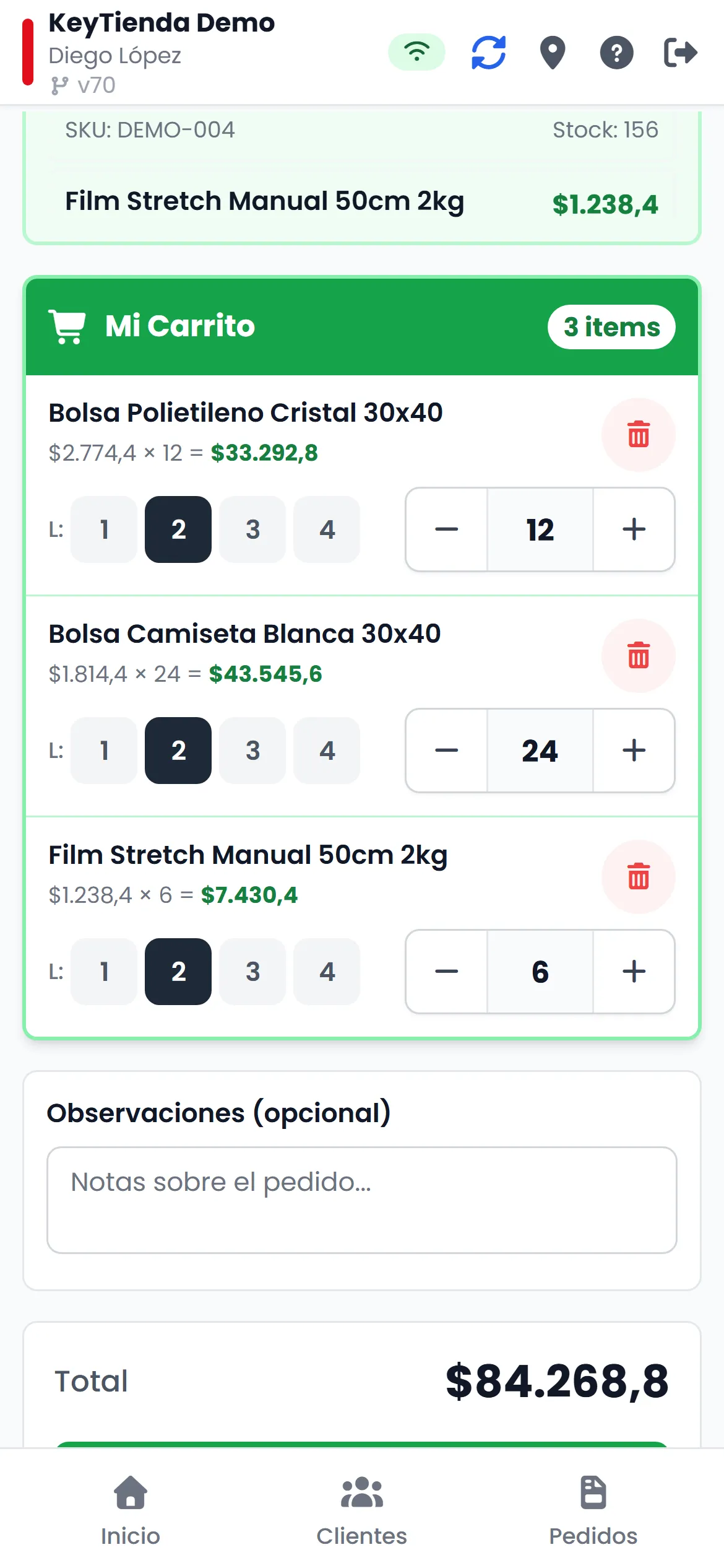 App del preventista, con la lista de precios del cliente